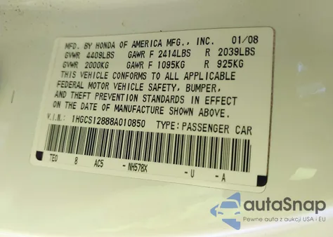 2008 Honda Accord 2.4 Ex-L из США, поврежденный, VIN 1HGCS12888A010850